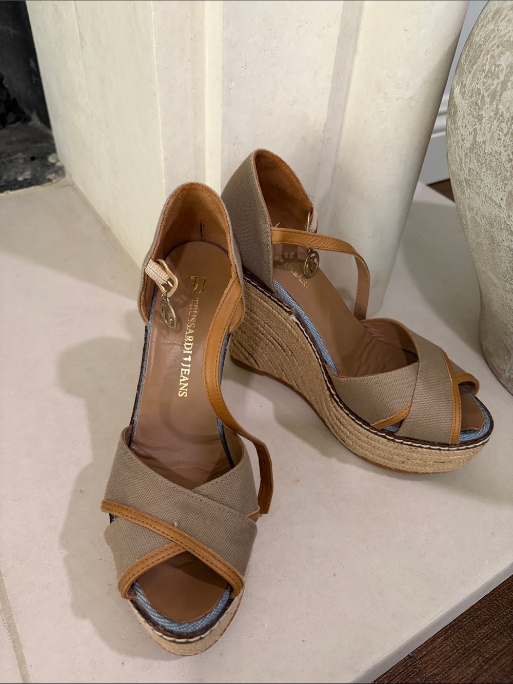 Trussardi Beige/Tan Canvas Espadrille Wedge Sandals